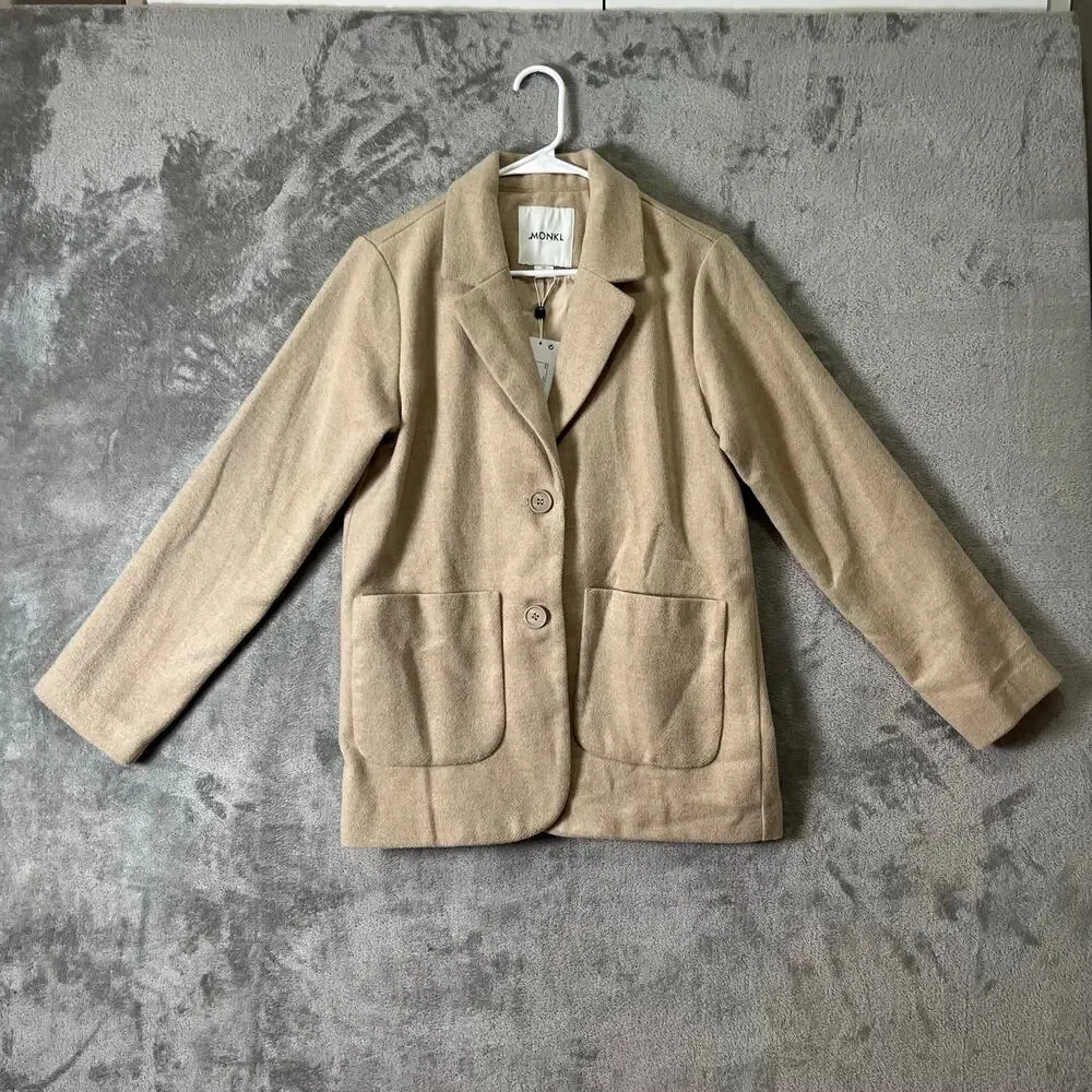 Monki Camel Tan Soft Knit Blazer Jacket Minimalist Neutral Cozy Chic Size XS New